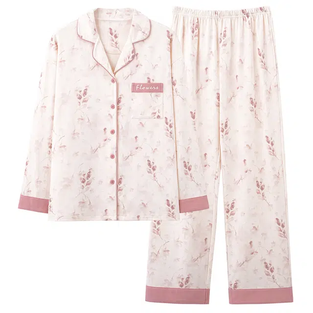 俏霓桐 春秋款优雅晕染花朵亲肤舒适棉甜美休闲简约长袖长裤家居服可外穿睡衣套装 女款