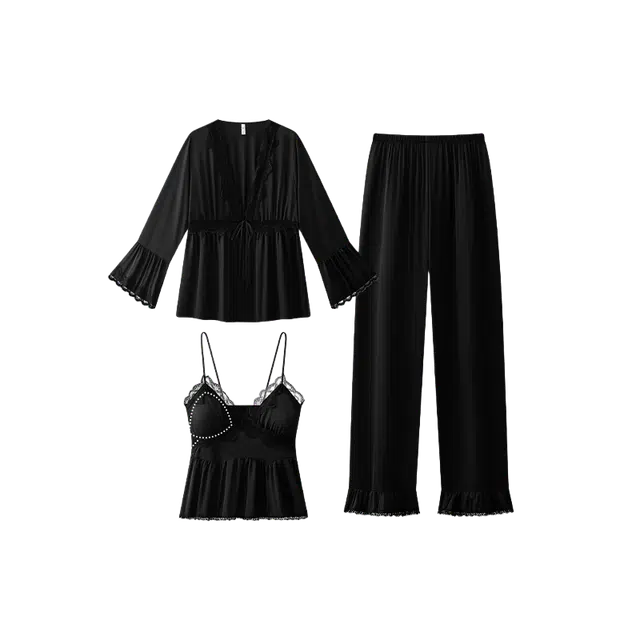 潞优野 高端品质蕾丝边性感吊带长裤时尚简约冰丝家居服夏春秋款睡衣套装 女款