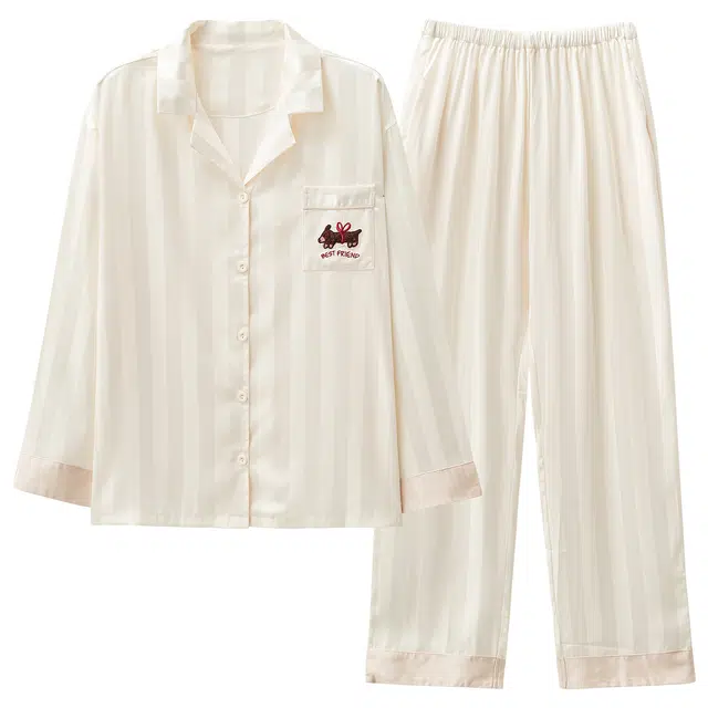 宫蝶 腊肠狗长袖冰丝家居服柔软休闲宽松简约条纹可外穿开衫睡衣套装 男女同款