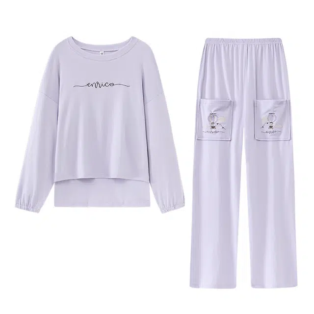 静英鸾 德绒长袖长裤圆领套头纯色简约甜美休闲两件套家居服秋冬季保暖套装 女款