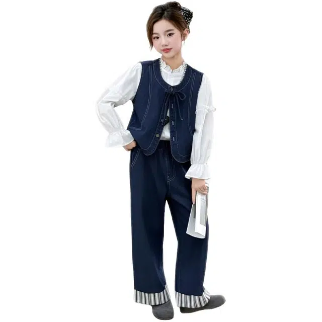 天才小熊休闲运动套装 女童春秋季牛仔马甲直筒裤大童潮牌小孩衣服 可爱小女孩短袖洋气时髦潮流