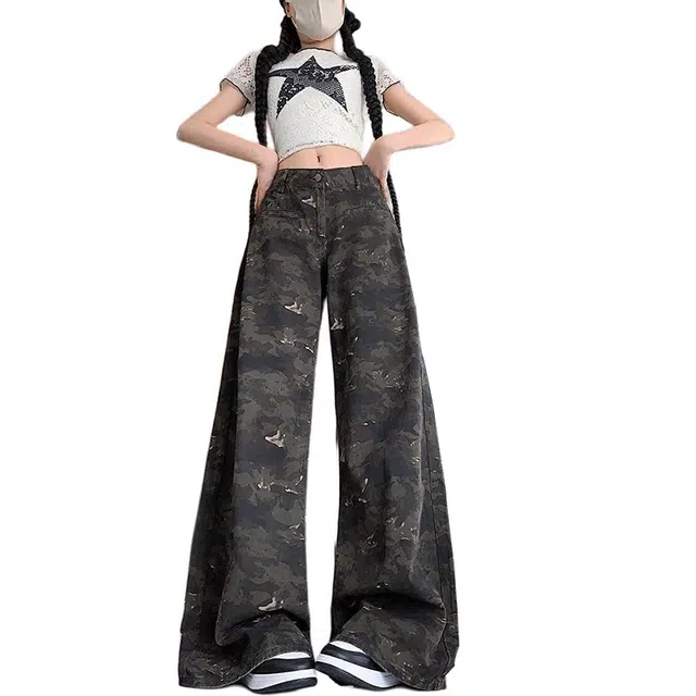 么宁 美式高街迷彩高腰显瘦设计感阔腿长裤子牛仔裤 女款