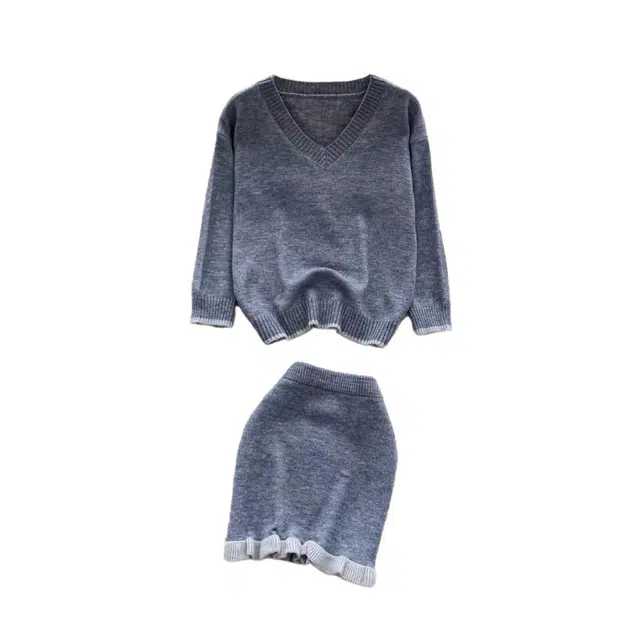 小菊川栗 时尚百搭休闲舒适质感简约设计高级感针织长袖上衣半裙裙装套装 女款