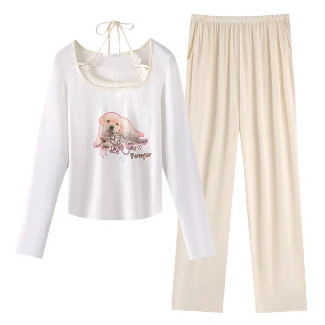 俏霓桐 春秋款可爱卡通亲肤甜美简约舒适少女长袖长裤家居服可外穿睡衣套装 女款