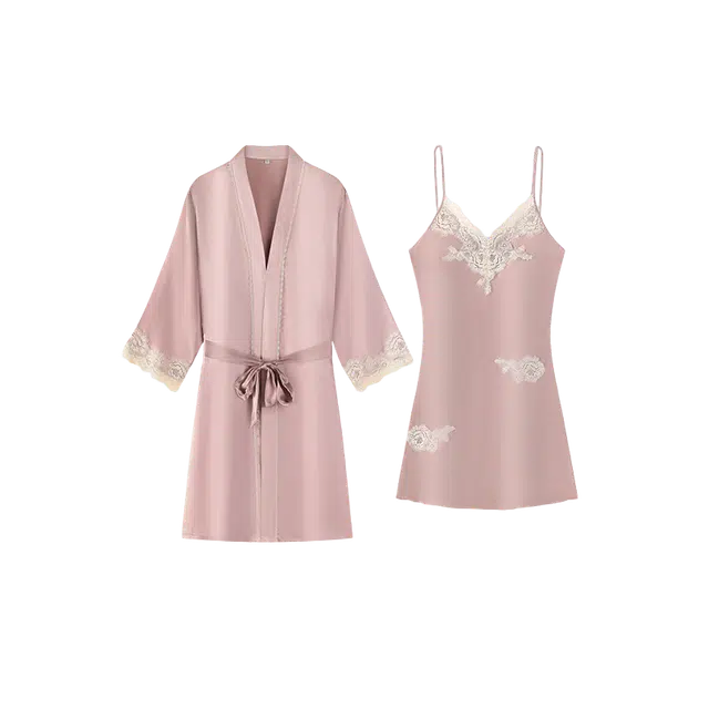 潞优野 优雅高级感冰丝凉感性感吊带睡裙家居服柔软浴袍春秋季睡衣套装 女款