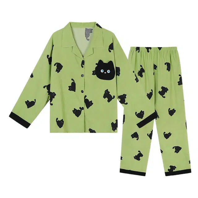 橡柠派 可爱女卡通猫猫大码宽松亲肤舒适长袖甜美小猫休闲时尚家居服睡衣套装 女款