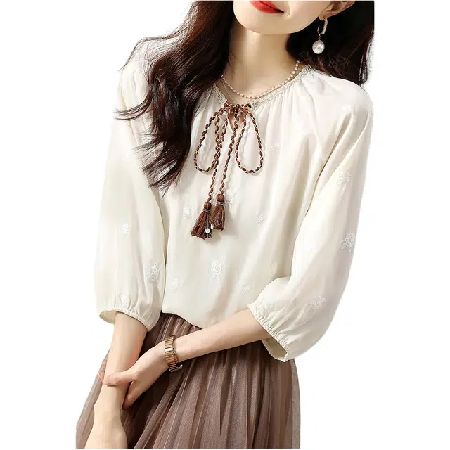 缪斯的诱惑 秋优雅刺绣棉布绑带印花波西米亚中长袖衬衫 女款