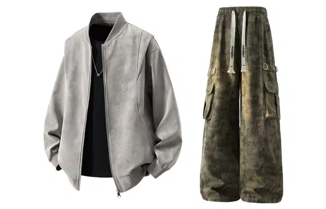 梓润格 美式复古雾霾脏脏灰解构设计感大码立领皮衣夹克外套潮流宽松无弹四季通用青春流行迷彩阔腿裤休闲运动套装 男女同款
