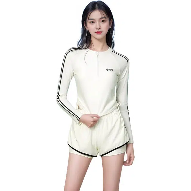 淑好百 保守显瘦长袖三角比基尼分体泳衣套装 女款