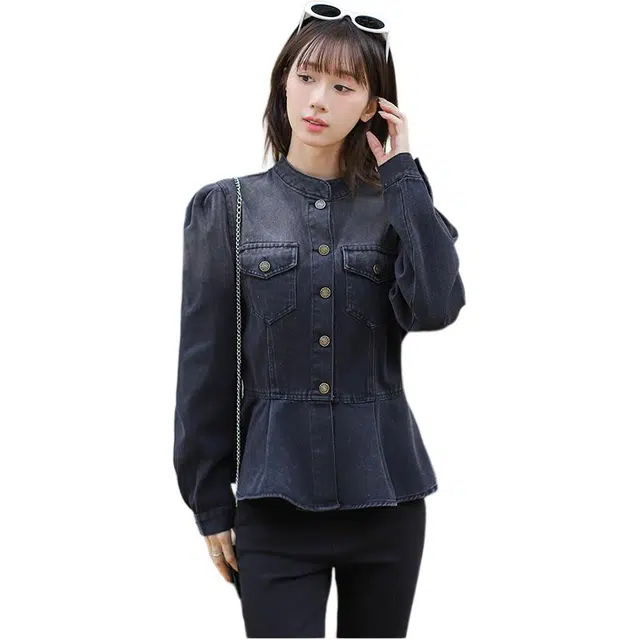 敲模女孩 韩版流行原创设计独特上衣气质时尚收腰荷叶边牛仔衬衣外套女衬衫 女款