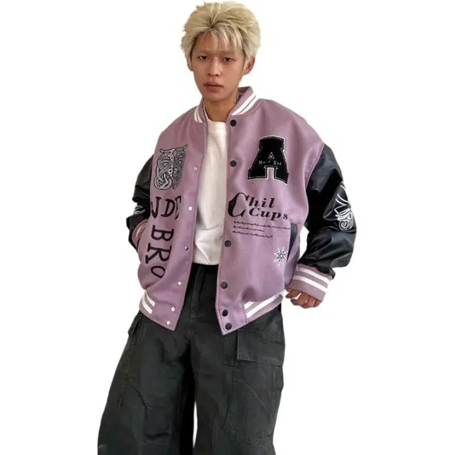 地界二 国潮原创美式字母刺绣拼色棒球服外套宽松春秋季高街夹克 男款