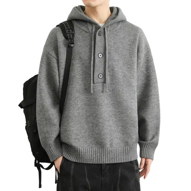 北欧攻略 美式高街慵懒风高级感连帽套头半开领上衣外套休闲宽松纯色落肩百搭潮流螺纹收口秋冬加绒加厚保暖长袖针织衫 男女同款