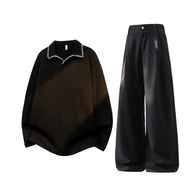 梓润格 高街学院风帅气百搭潮流时尚高颜值舒适酷飒简约高级设计春秋季仿牛仔明线宽松长袖长裤休闲运动套装 男女同款