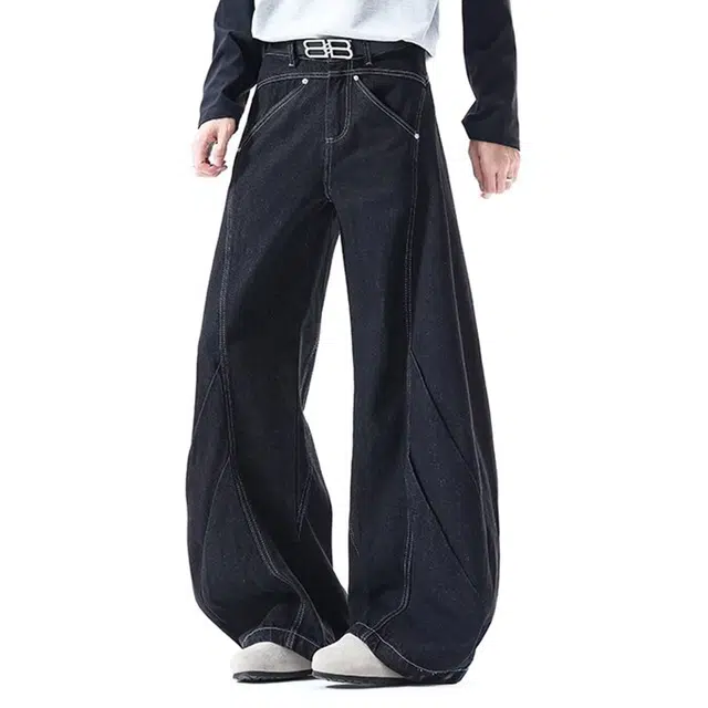 艾梵斯贝 美式复古潮流拼接解构小众设计款无性别高级感日常通勤百搭个性街舞嘻哈街头高街风休闲时尚弯刀直筒加长牛仔裤 男女同款