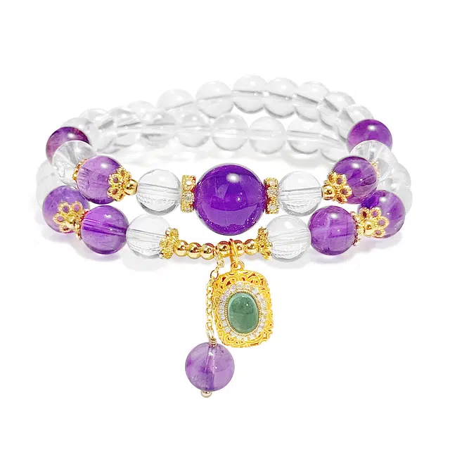 【普陀山已过香】 普陀山文创 紫定上岸新中式小众设计国潮招财进宝平安转运精致轻奢双圈叠戴紫宸福慧#好运 白水晶 手串 男女同款情侣款