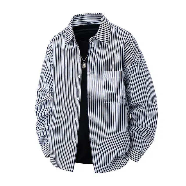 协协乐 条纹男长袖春秋季高街感痞帅日系冰丝衬衣外套青少年设计小众款衬衫 男款