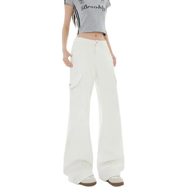 拾个壹先生 白色弯刀褶皱弧形镰刀宽松阔腿显瘦百搭休闲裤 男女同款