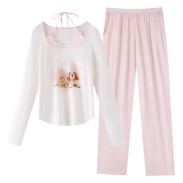 俏霓桐 春秋款休闲可爱卡通亲肤舒适甜美简约长袖长裤家居服可外穿睡衣套装 女款