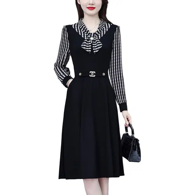 缪斯的诱惑 秋季韩系中年妈妈假两件超修身简约条纹拼接蝴蝶结裙长袖连衣裙 女款