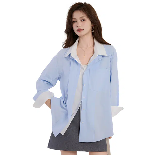 荟萃阁 休闲百搭双层领撞色长袖宽松纯棉衬衣衬衫 女款