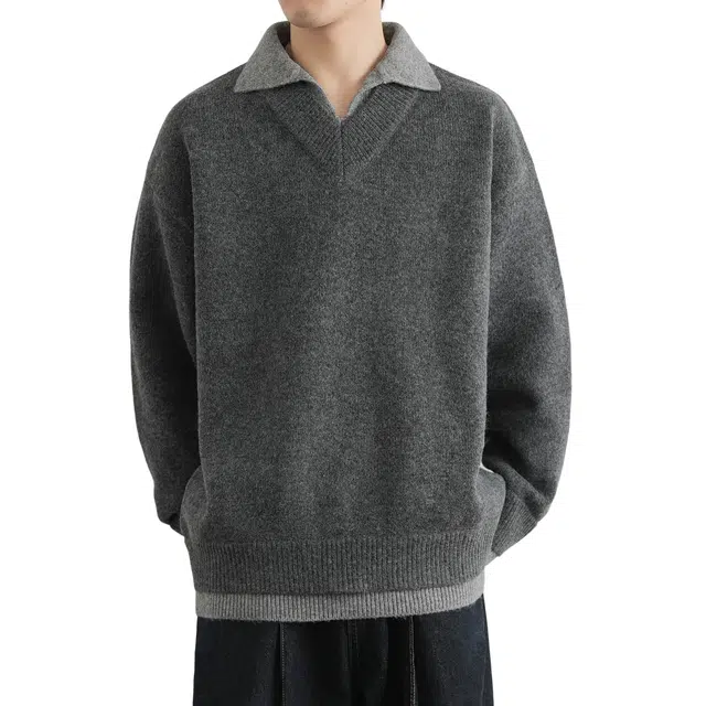 北欧攻略 新中式复古简约翻领休闲宽松百搭套头打底衫假两件潮流慵懒风高级感软糯舒适加厚保暖长袖针织衫 男女同款