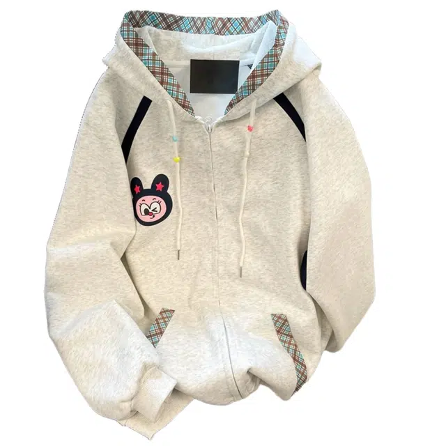 桴生 卡通复古学院风拼色格纹可爱男女早秋季减龄洋气连帽开衫外套上衣卫衣 女款