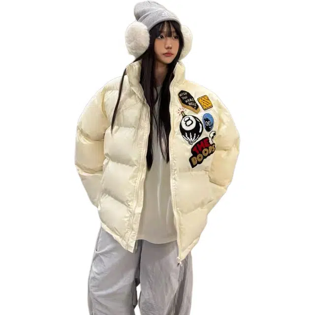 梨九九 字母刺绣宽松男女美式冬季加厚面包服外套棉服 女款