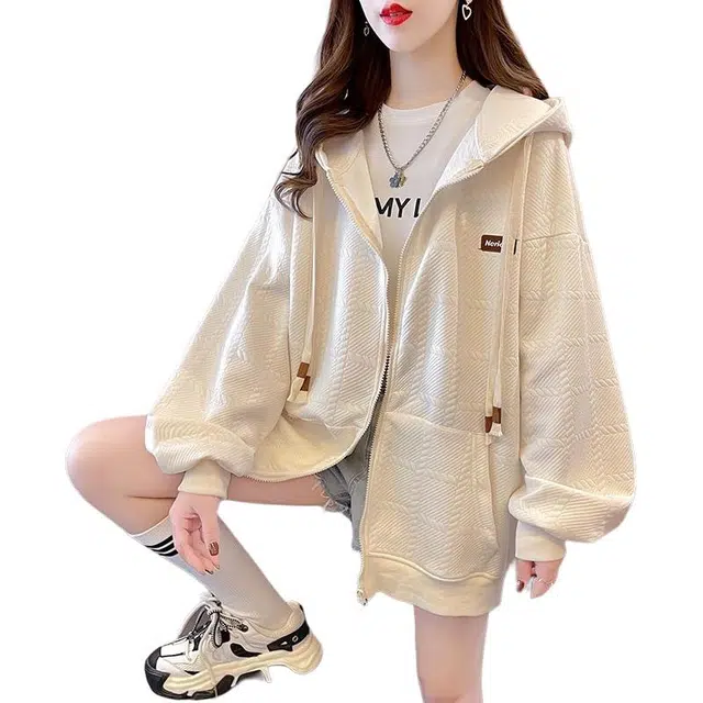 木清清 秋季款连帽外套女提花宽松慵懒百搭学生长袖开衫拉链卫衣 女款