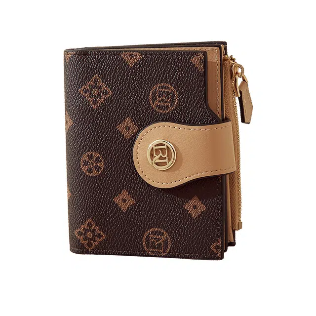 老人头 满印小众设计高级质感通勤优雅老花短款多功能多卡位票夹卡包 合成革 钱包 女款 咖色