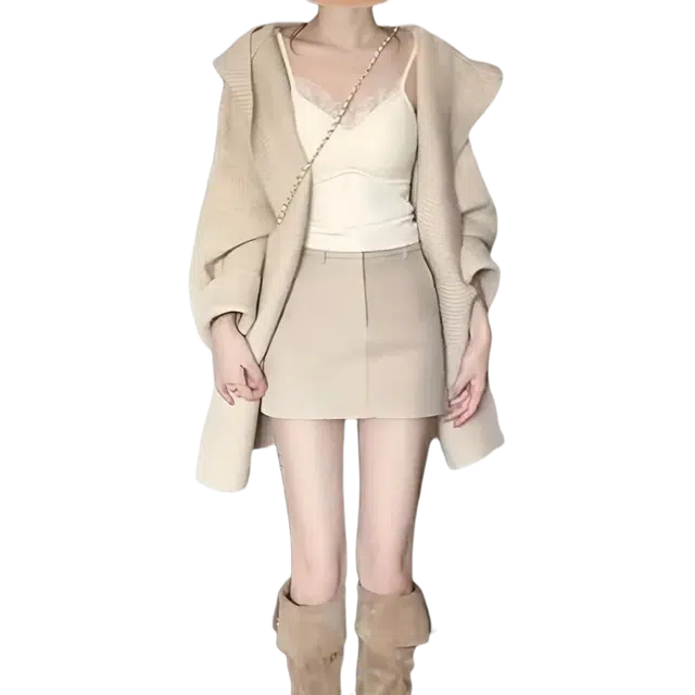 柏黛妃 宽松开衫设计感小众连帽吊带半身裙三件套裙装套装 女款