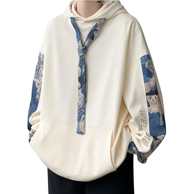 袋鼠 美式复古高街宽松百搭小熊拼接连帽长袖卫衣 男女同款