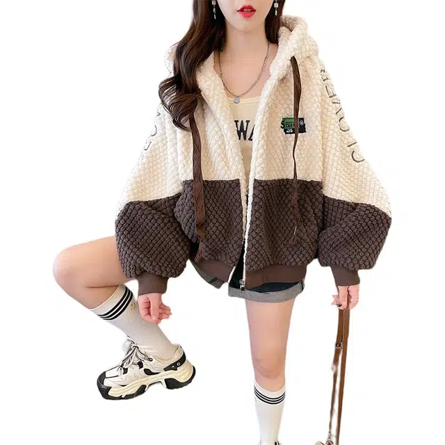 木清清 拉链外套女士秋冬宽松双面绒字母设计感撞色开衫连帽卫衣 女款