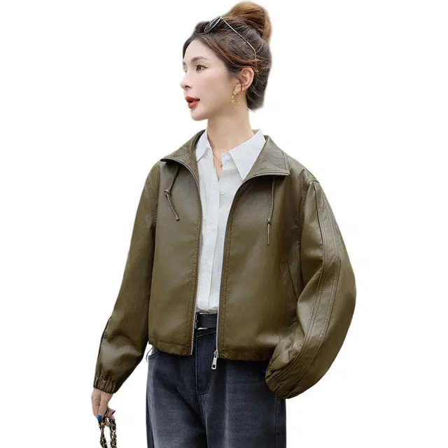 袋鼠 下摆抽绳设计时尚休闲立领气质夹克皮衣外套 女款