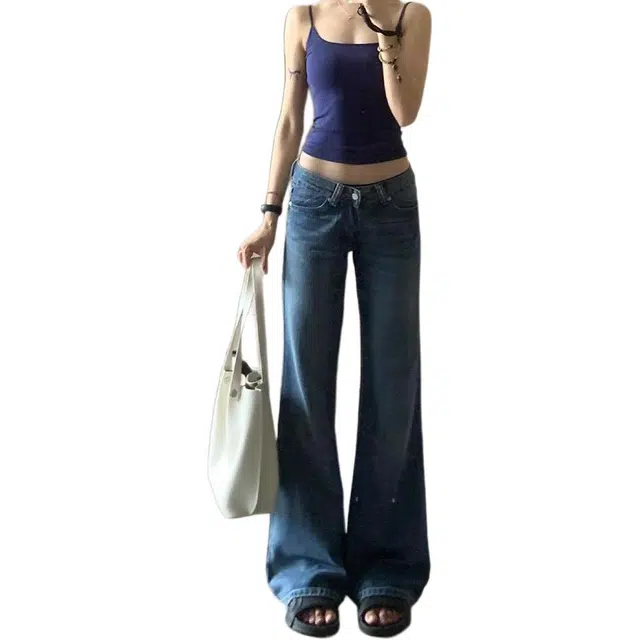 么宁 美式复古辣妹竹节微喇设计感低腰垂感拖地裤牛仔裤 女款