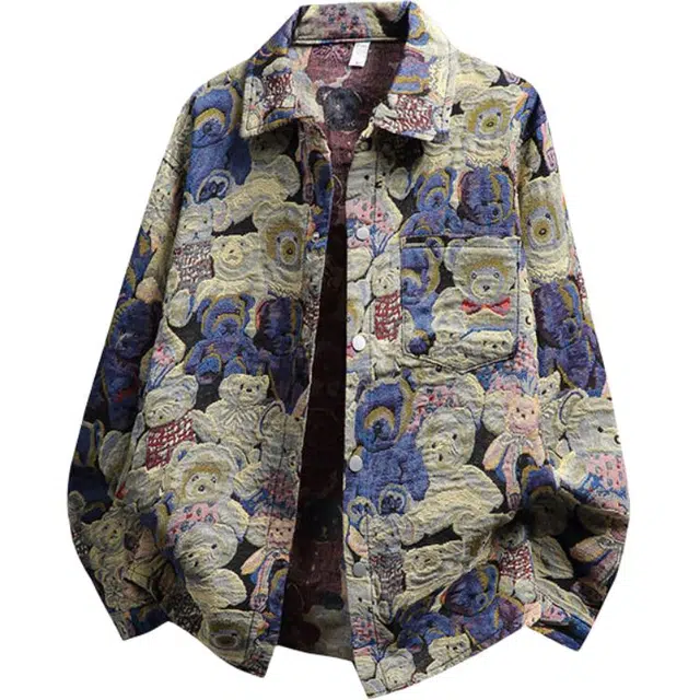 佐菲利 高街设计感满印小熊痞帅小众潮流宽松帅气美式翻领外套夹克 男女同款