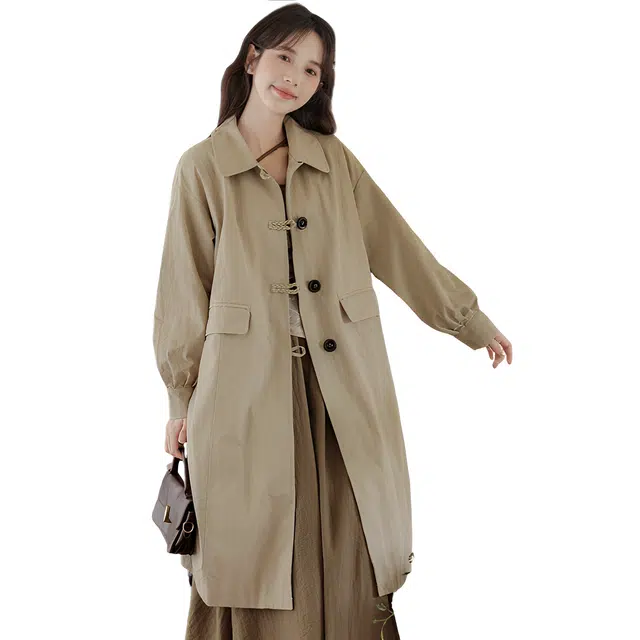 荟萃阁 经典百搭翻领中长款英伦风气质简约单排扣休闲外套风衣 女款