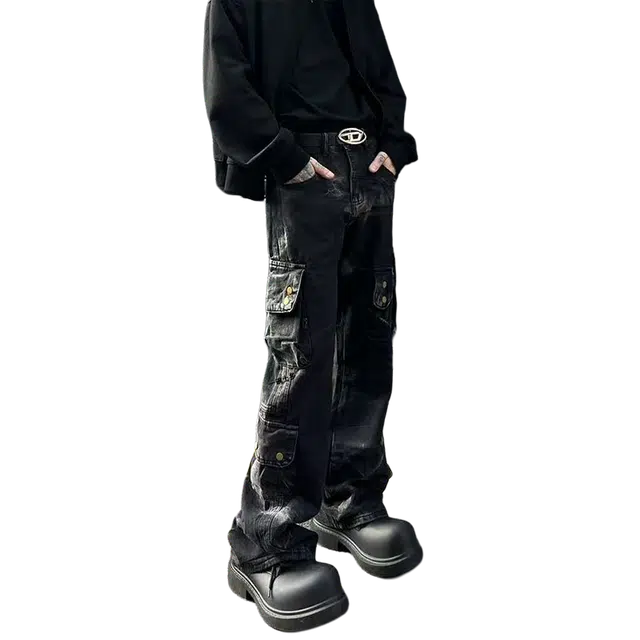 一碗士多 扎染多口袋水洗做旧百搭拖地美式复古风日常解构显高显瘦不贴腿痞帅潮流嘻哈时尚直筒裤牛仔裤 男女同款