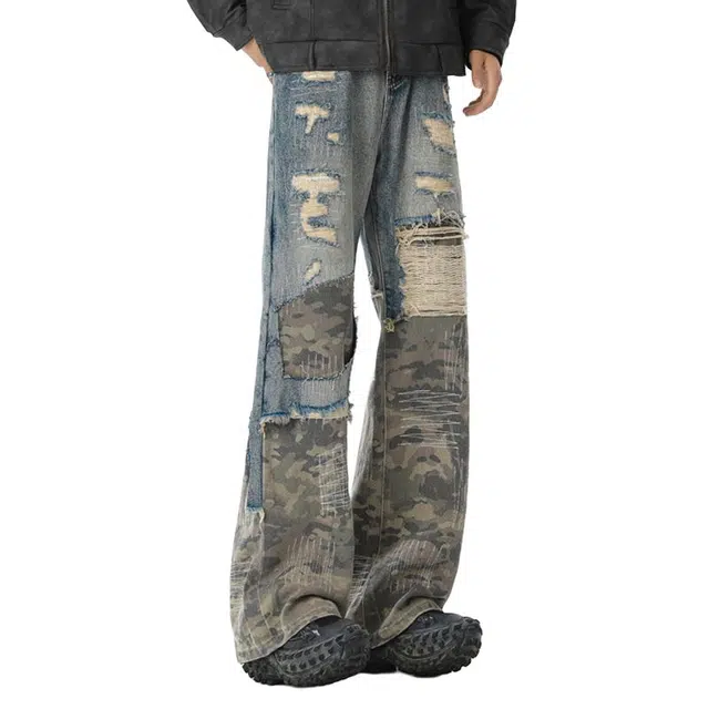 艾梵斯贝 美式复古潮流迷彩拼接破洞做旧重工设计感无性别日常通勤百搭个性街头高街风潮酷宽松休闲直筒高级感牛仔裤 男女同款