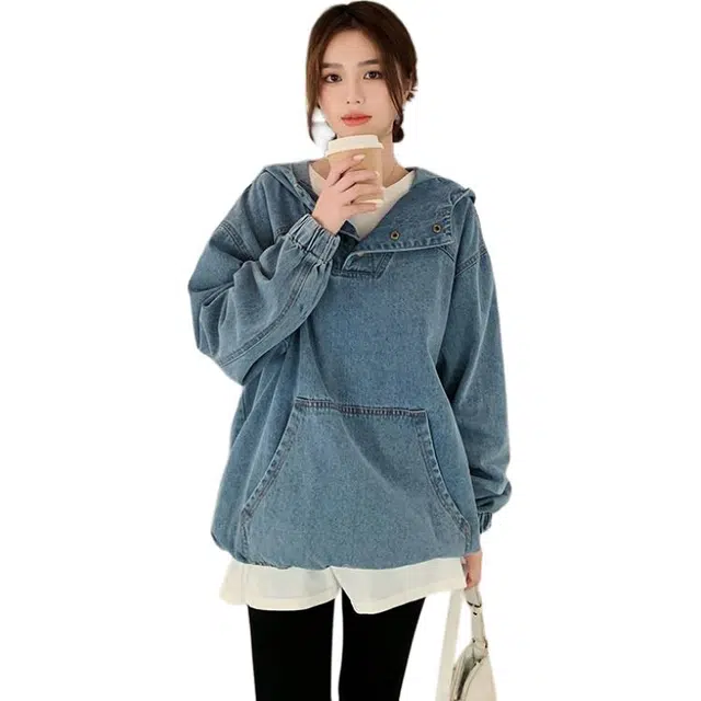 稻草人 美式复古休闲宽松设计感小众连帽牛仔外套 女款