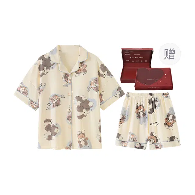静英鸾 带胸垫短袖短裤翻领开衫可爱卡通小狗休闲舒适家居服睡衣礼盒 女款