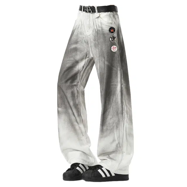 半空山 渐变素描脏脏裤美式高街纯棉高品质轻奢潮流时尚废土风宽松阔腿休闲裤 男女同款