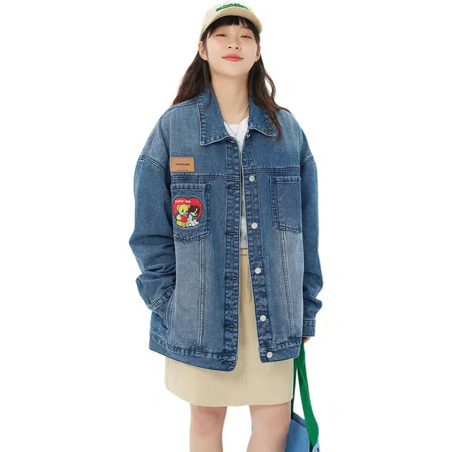 邓大喵 刺绣女春秋韩版宽松设计感水洗做旧春季夹克上衣牛仔外套 女款