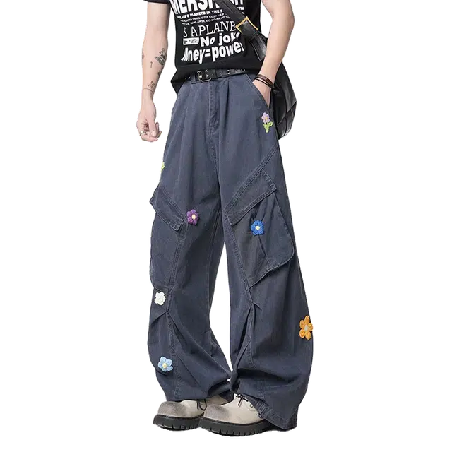 一碗士多 花朵刺绣大口袋抽褶设计感潮流拼接百搭日常通勤美式复古拖地阔腿裤不贴腿显高牛仔裤 男女同款