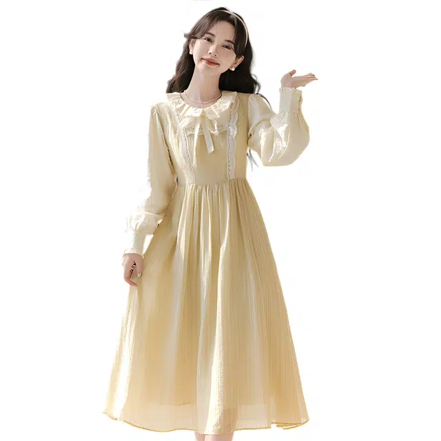 荟萃阁 森系甜美假两件娃娃领减龄温柔蝴蝶结系带长袖连衣裙 女款