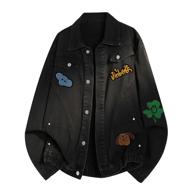 金贝勒 美式高街手绘仿毛巾绣卡通小标字母印花水洗做旧痞帅秋装上衣潮流单排扣翻领慵懒学院宽松休闲百搭牛仔外套 男女同款