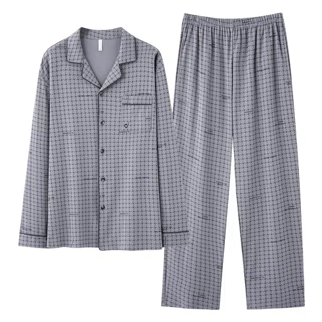 俏霓桐 春秋款时尚经典亲肤纯棉简约休闲舒适宽松百搭长袖长裤家居服可外穿睡衣套装 男款