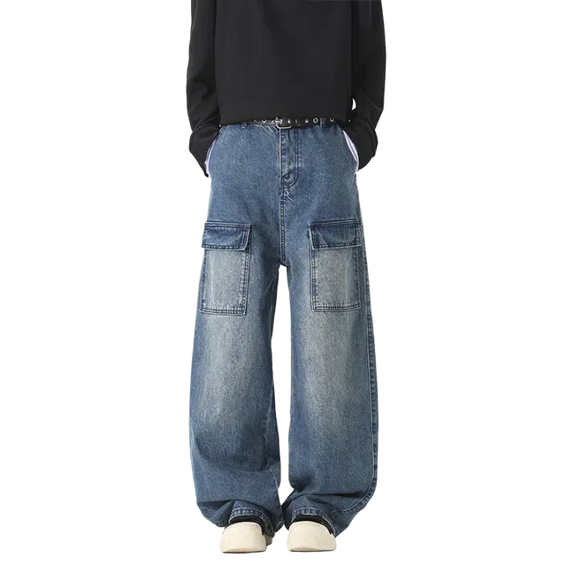 一碗士多 美式高街小众复古百搭经典做旧水洗拼接多口袋设计显高显瘦户外日常基础款宽松垂感拖地阔腿直筒牛仔裤 男女同款