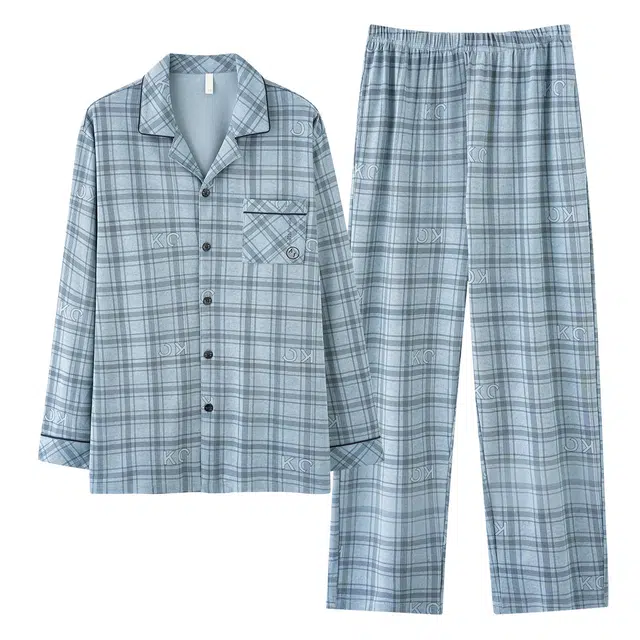 俏霓桐 春秋款简约格子亲肤纯棉清新休闲青少年舒适百搭长袖长裤家居服可外穿睡衣套装 男款