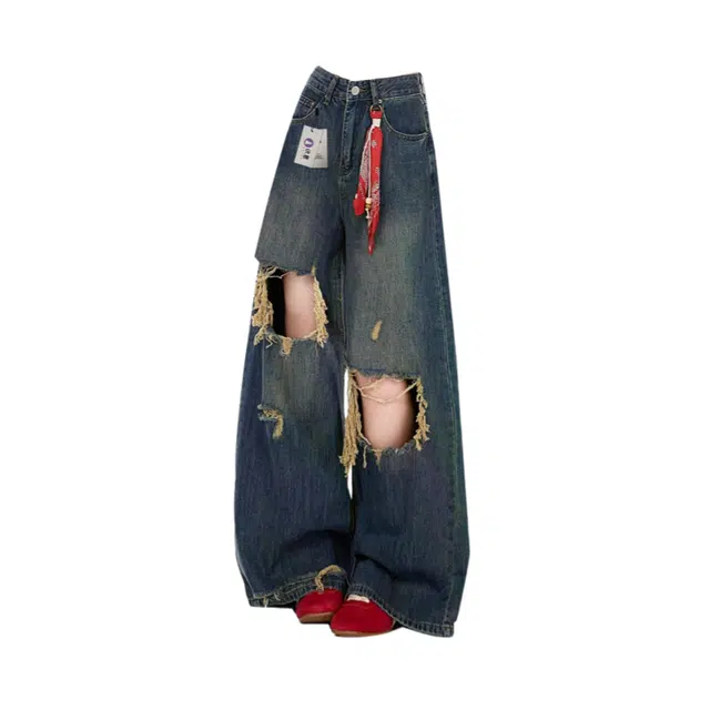 识恩 美式复古水洗破洞设计感垂坠感阔腿拖地牛仔裤 女款