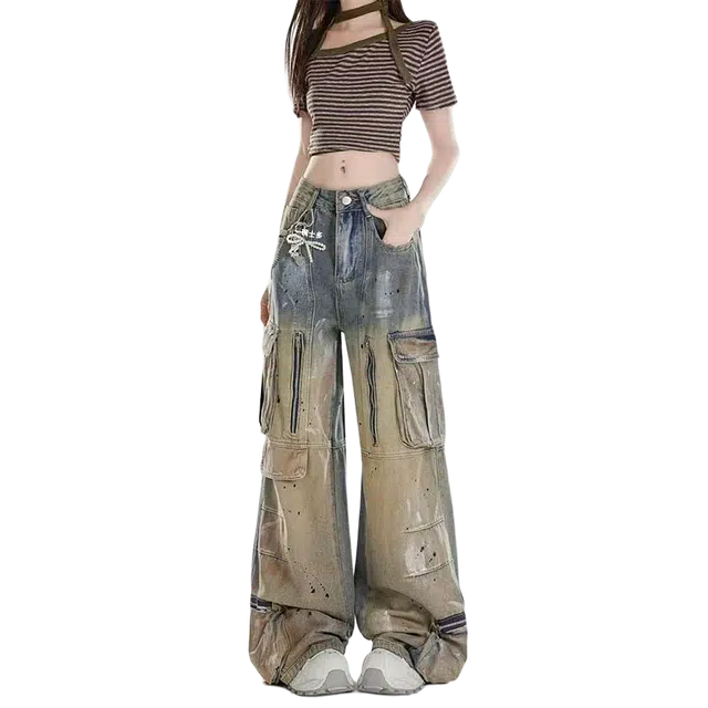 一碗士多 黄泥洗喷墨多口袋拉链工装渐变褶皱水洗做旧拼接百搭美式高街设计感重工小众时尚炸街牛仔裤 男女同款